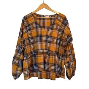 LUQ Women Cotton Flannel Plaid Ruffle Hem Pullover Top Blouse Size L Multicolor